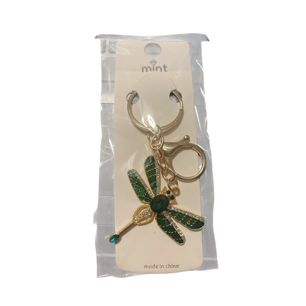 DRAGONFLY WITH GREEN SPARKLES WINGS KEYCHAIN